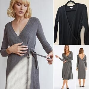 VETTA Minimalist Capsule Quiet Luxury Organic Ribbed Black Wrap Sweater Dress M